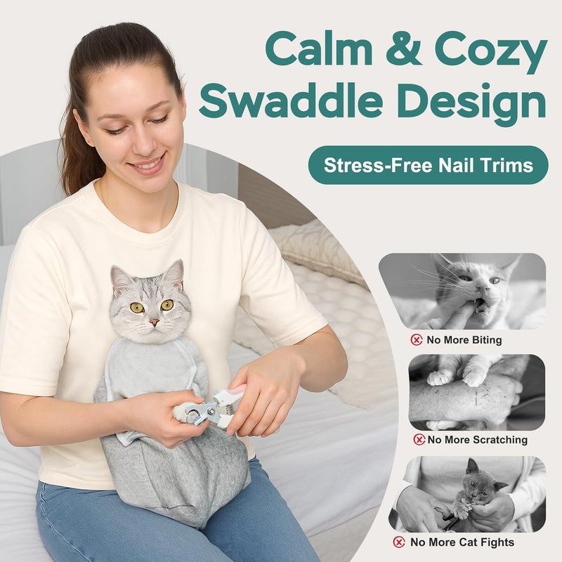 Paw Fun Self-Adhesive Cat Grooming Wrap, Cozy Cat Wrap for Cutting Nails, Breathable Anti-Scratch Cats Swaddle Bag for Brushing, Ear Cleaning, Dental Care, Medication, Injections, Grey S - Image 3